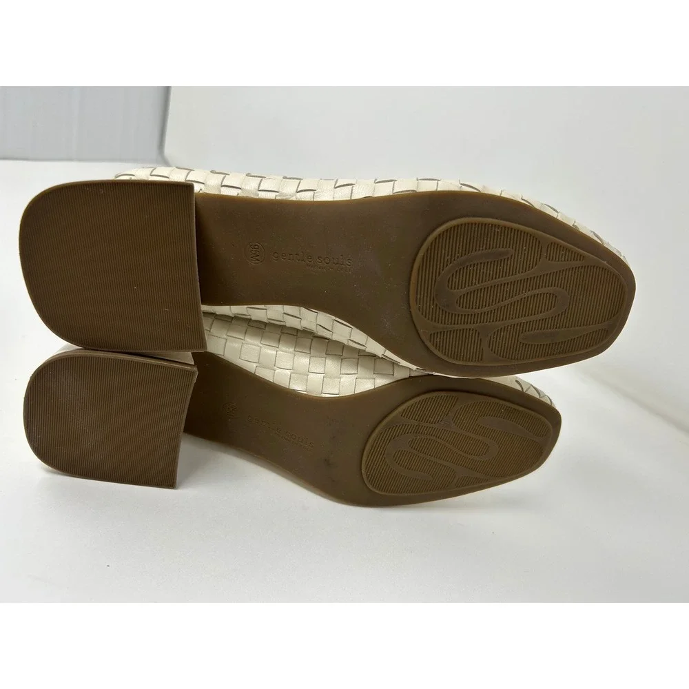 Gentle Souls By Kenneth Cole Woven Leather Block Heel Pumps Cream Shoes Sz 9.5 - Picture 9 of 9